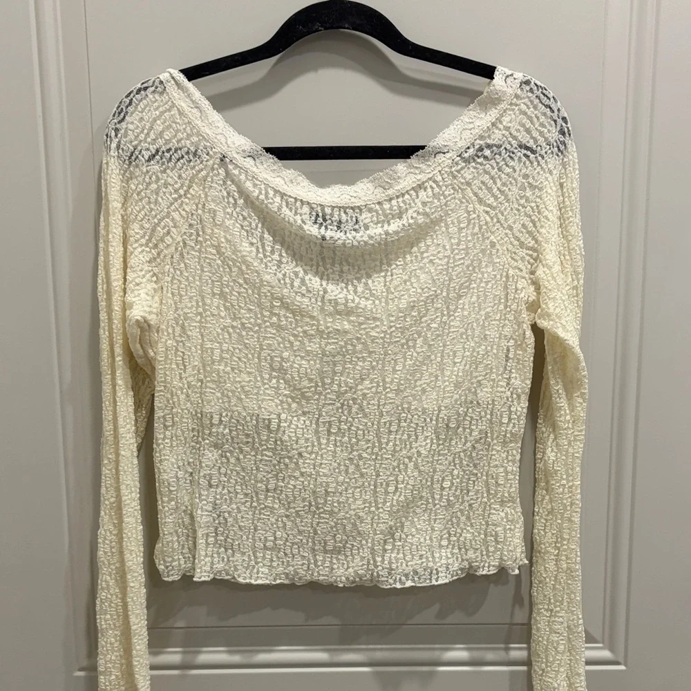 Free People Ivory Crinkled Long-Sleeve Top